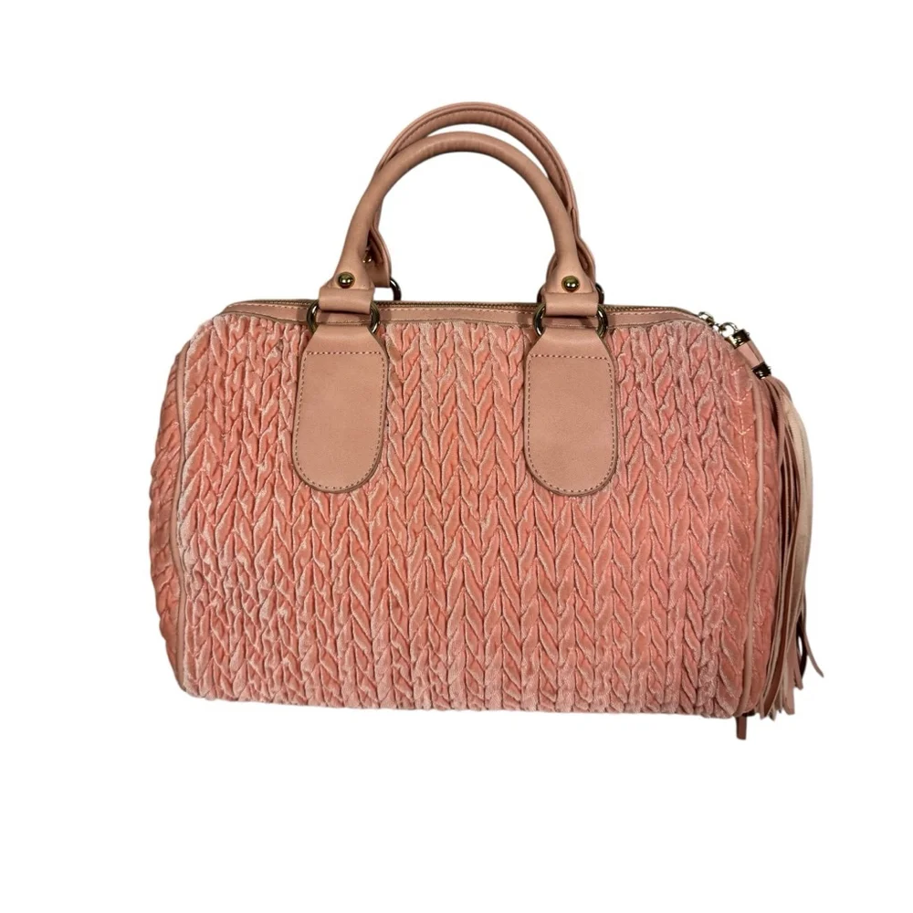 Pink Quilted Velvet Chevron Boston Satchel Handbag Crossbody Strap